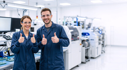 Obraz premium Happy factory workers giving thumbs up in modern industrial plant. Manufacturing team success concept. Copy space for text