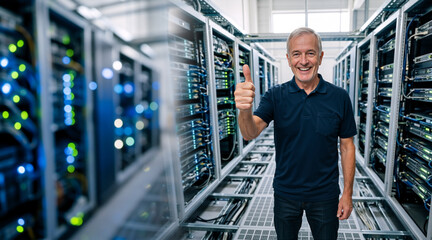 Fototapeta premium Senior IT technician giving thumbs up in modern server room. Happy data center administrator