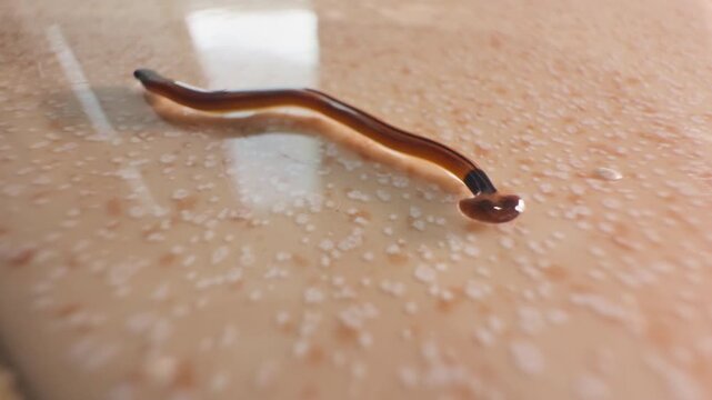 Hammerhead Flatworm Crawling on Glossy Floor in Warm Light, Macro Shot from Low Angle Highlighting Stripes and Head Shape, Exotic Invertebrate Concept