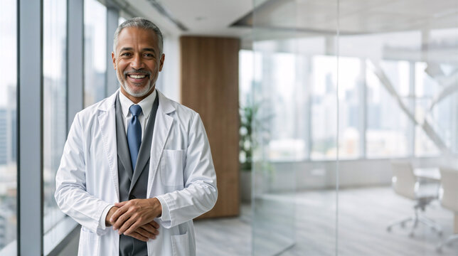 Smiling mature African American male doctor in a modern corporate office. Experienced senior physician or medical director in lab coat and tie. Healthcare leadership and administration. Copy space