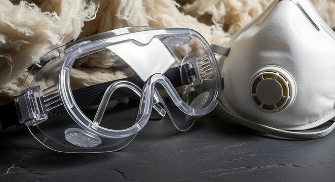 personal protective equipment safety goggles and a respirator mask for handling asbestos or insulation vital for safety.