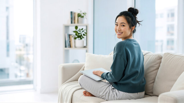 Smiling Asian woman sitting cross legged on sofa with closed laptop. Happy female freelancer looking over shoulder in bright modern living room