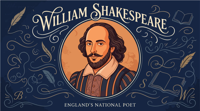 Illustration of William Shakespeare in a decorative design with books and quills on a dark blue background with golden accents.