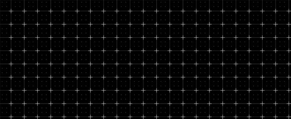 Seamless pattern dashed plus grid blueprint, black surface. Broken stroke geometry layout, interface wireframes dashboards planning pages engineering diagrams education worksheets technology visuals. © Vectoressa