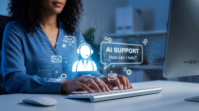 A woman types on a keyboard with a floating AI support interface offering assistance in a futuristic digital workspace.