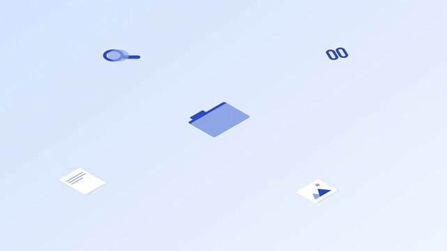 Isometric collection of digital data management icons showcasing file organization, search functionality, and information processing in a clean, minimalist blue environment
