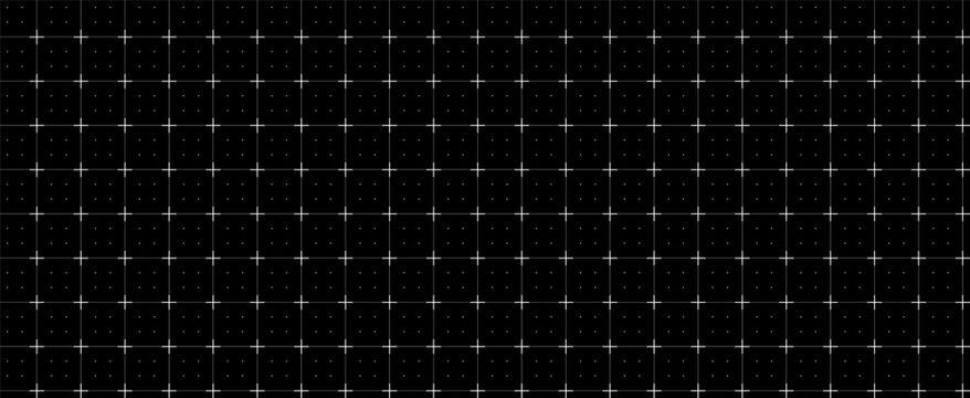 Seamless pattern dashed plus grid blueprint, black surface. Broken stroke geometry layout, interface wireframes dashboards planning pages engineering diagrams education worksheets technology visuals.
