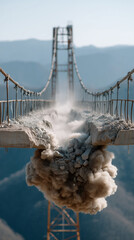 Fototapeta premium Bridge Demolition: A dramatic visual captures the controlled explosion of a bridge, showcasing the power of engineering and the fleeting moment of destruction against a backdrop of mountains.