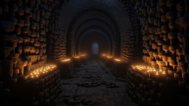 Ancient stone tunnel with arched ceiling and flickering candles illuminating the path