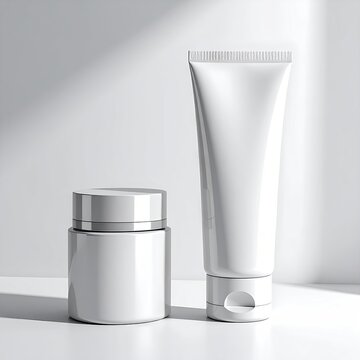White cosmetic cream jar and lotion tube mockup for skincare routine product display on clean minimalist surface in bright studio lighting