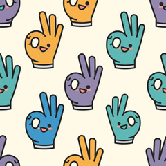 Fototapeta premium Cute Cartoon Hands Making OK Gesture Seamless Pattern.