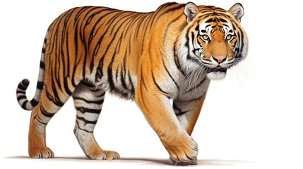 Obraz premium Bengal tiger walking forward with muscular body and striped orange fur against white background