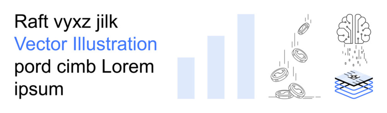 Business analytics, digital economy, data management, artificial intelligence, financial growth, technology. Brain, coins bar graph and layered tech symbols . Business analytics and digital economy