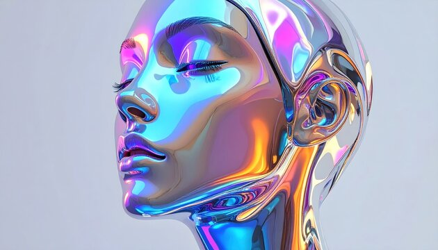 A close-up of a sculpted, futuristic female face with a shiny, iridescent surface