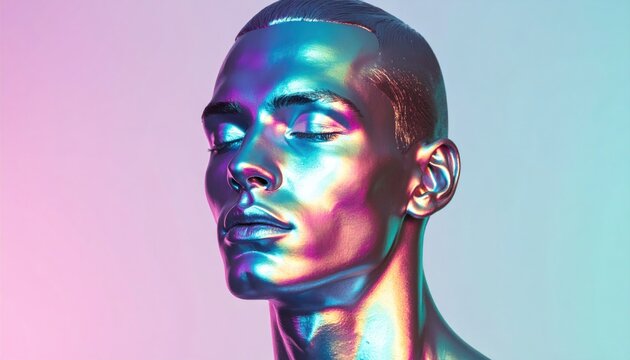 A human face, sculpted and smooth with iridescent colors against a gradient background