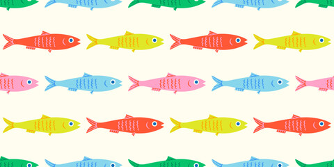 Stoffe zum Nähen Colorful fish animal seamless pattern. Summer background design. Vacation travel concept. Fishing activity flat cartoon backdrop illustration.