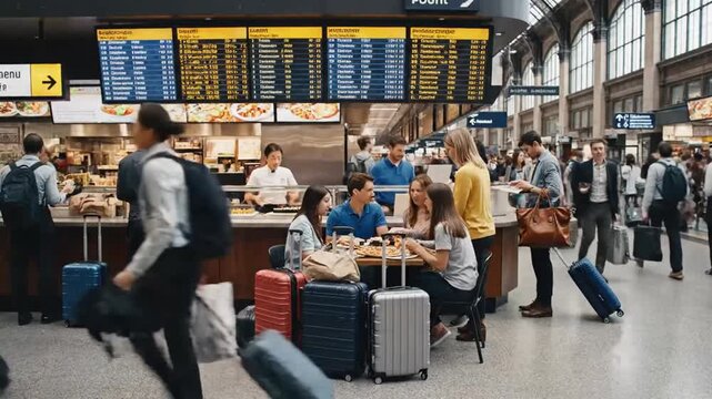 Young friends eating pizza at bustling train station food court