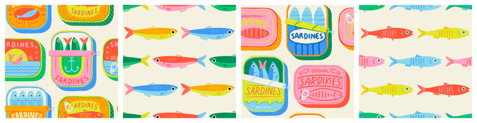 Colorful canned fish animal seamless pattern. Summer background design. Vacation travel concept. Fishing activity flat cartoon backdrop illustration.