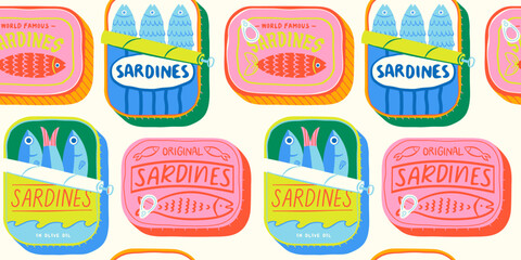 Stoffe zum Nähen Funny hand drawn canned fish cartoon seamless pattern. Colorful tinned sardines sea food background illustration. Sardine can drawing surface print.