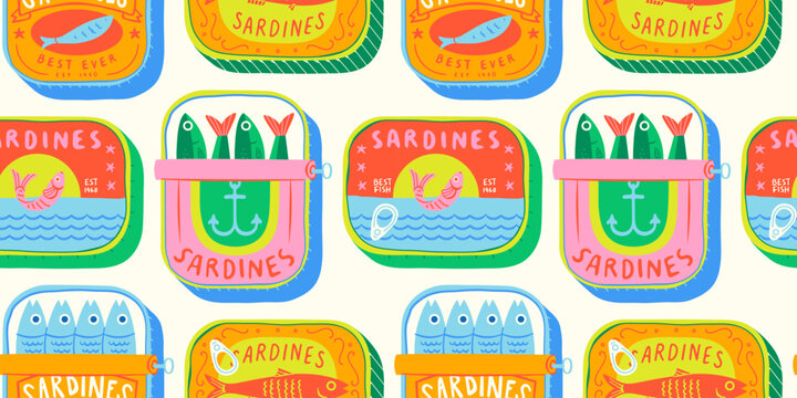 Funny hand drawn canned fish cartoon seamless pattern. Colorful tinned sardines sea food background illustration. Sardine can drawing surface print.