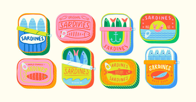 Funny hand drawn canned fish cartoon illustration set. Colorful tinned sardines sea food graphic element collection. Sardine can drawing bundle on isolated background.