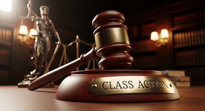 class action gavel on a wooden base with lady justice in a law library symbolizing legal proceedings and justice.