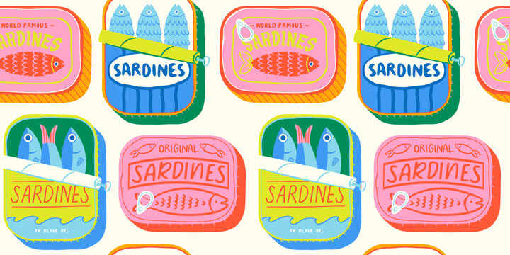 Funny hand drawn canned fish cartoon seamless pattern. Colorful tinned sardines sea food background illustration. Sardine can drawing surface print.