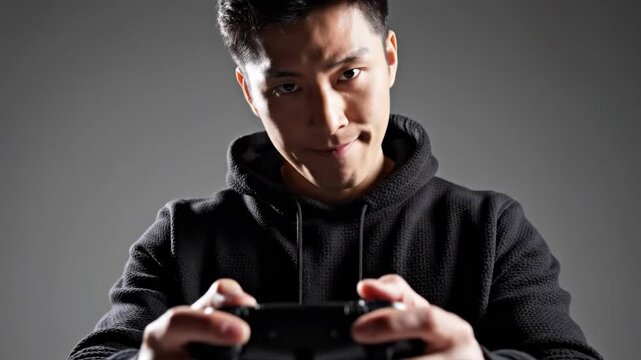 A young man intensely focused on his video game, holding a controller in a dark room with a serious expression.