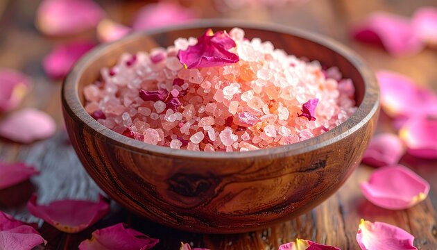 pink Himalayan bath salts and dried rose petals in a wooden 