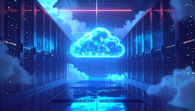 glowing blue cloud computing icon floating above a server rack, 