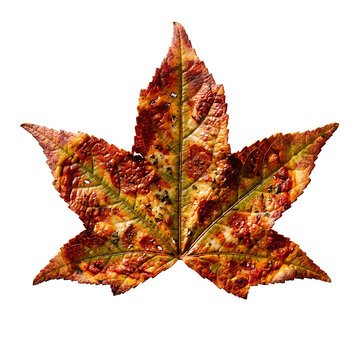 Closeup of a vibrant autumn leaf with intricate details and textures.