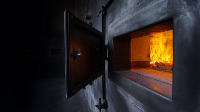 crematorium chamber, cremation facility, memorial service, funeral industry, cremation process concept, funeral equipment, remembrance ceremony, respectful farewell, mourning conce