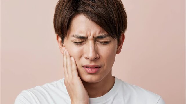 Man in Pain: A close-up shot of a man expressing pain by touching his jaw and squinting his eyes, conveying the experience of suffering.