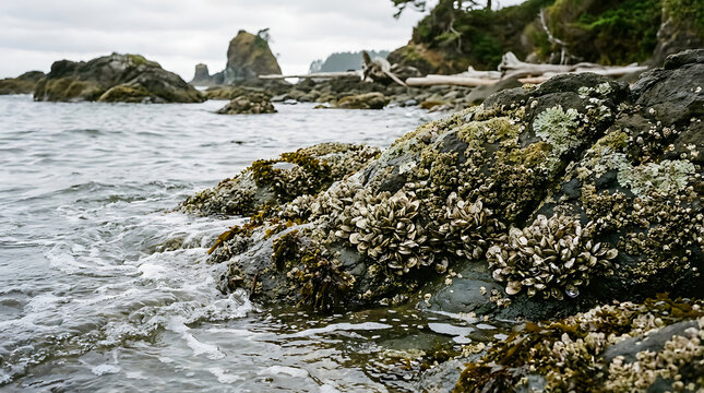 Tiny oysters and shellfish clinging to rocky shores at the ocean's edge, a close-up view of tidal life.