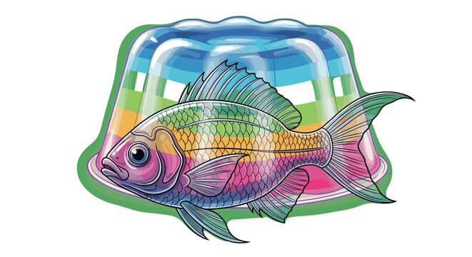 Whimsical Rainbow Fish Trapped in Jelly: Colorful Cartoon Graphic, Quirky Illustration, Funny Food Art, Playful, Isolated on Transparent Background