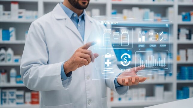 A pharmacist uses a futuristic digital interface to manage medication inventory in a modern pharmacy setting.