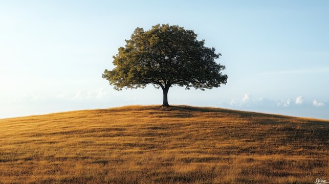 A lone tree on a hill with dry grass under a blue sky with clouds