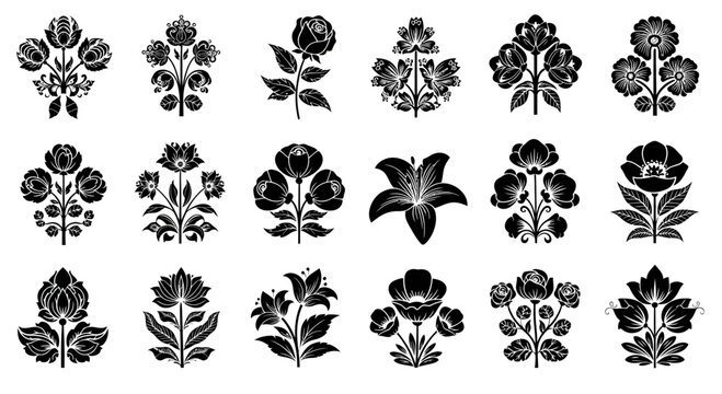 Collection of Black and White Floral Ornaments and Decorative Elements