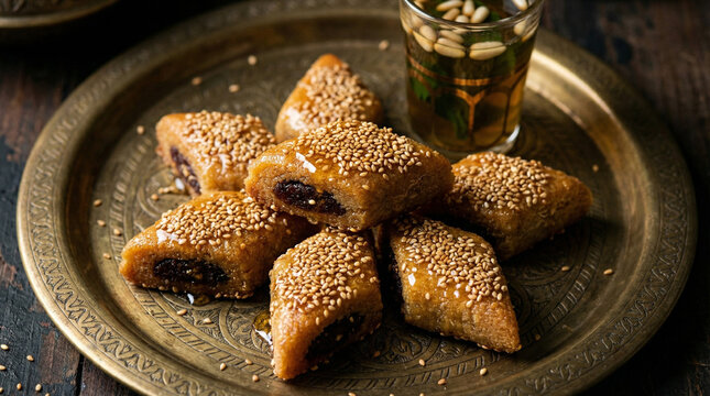 Close-up of traditional Tunisian Makroudh date pastries coated in honey syrup and sesame seeds, served with pine nut tea on a vintage brass tray.