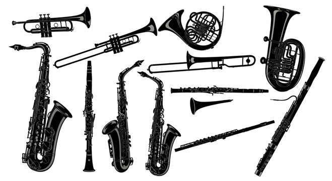 Collection of Musical Instruments Silhouette: Brass and Woodwinds