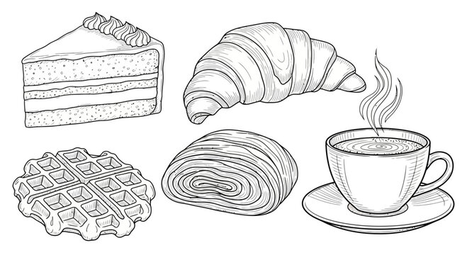 Hand-drawn pastries and coffee illustration: croissant, cake, waffle, danish, hot drink