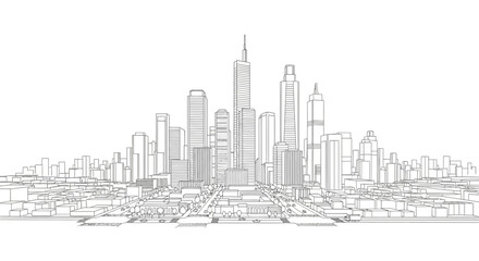 Fototapeta premium Modern City Skyline Blueprint Sketch - Architectural Drawing of Skyscrapers and Urban Landscape