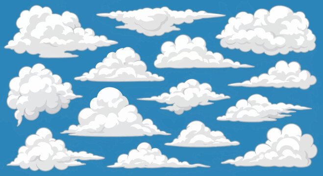 Collection of Diverse White Cumulus Clouds on a Blue Sky Background