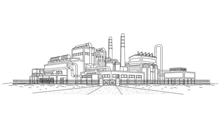 Naklejka premium Industrial factory complex with chimneys, sketch drawing, manufacturing plant