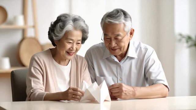 Happy elderly Asian couple playing with paper fortune teller at home