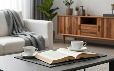 Fototapeta premium Cozy living room with books coffee cups and plants for relaxation.