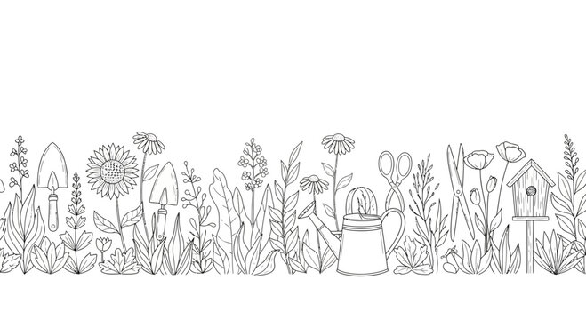 Hand-drawn garden border with plants, tools, and birdhouse illustration