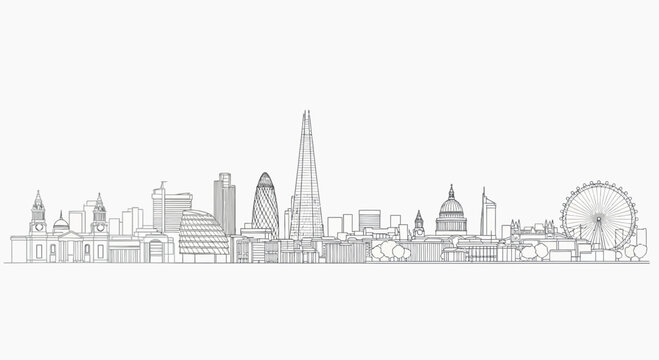 London skyline sketch, iconic landmarks, modern architecture, city outline