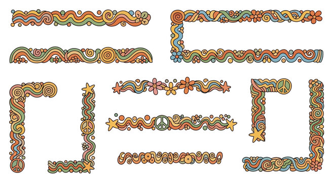 Retro Hippie Boho Borders and Frames - Psychedelic Swirls, Flowers, Peace Signs