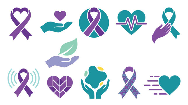 Collection of awareness ribbons and symbols representing health, support, and hope in purple and teal colors.